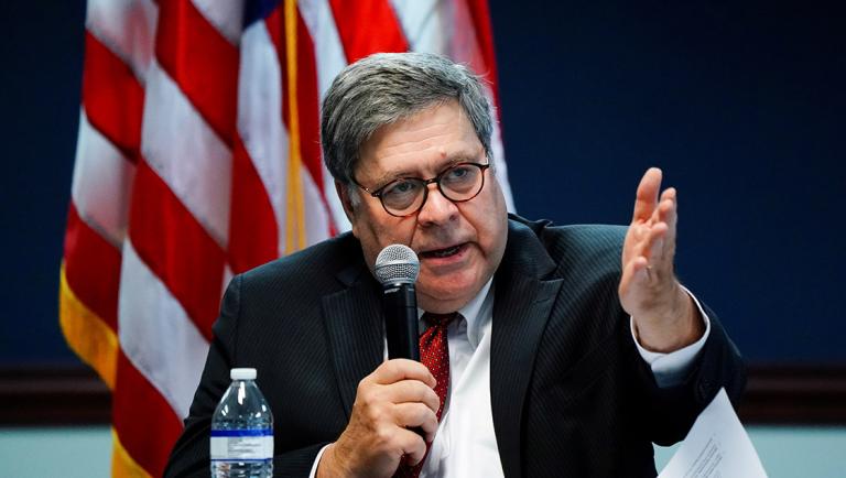 FILE PHOTO: U.S. Attorney General William Barr participates in a roundtable discussion about human trafficking at the U.S. Attorney's Office in Atlanta, Georgia, U.S., September 21, 2020. REUTERS/Elijah Nouvelage/File Photo-NARCH/NARCH30