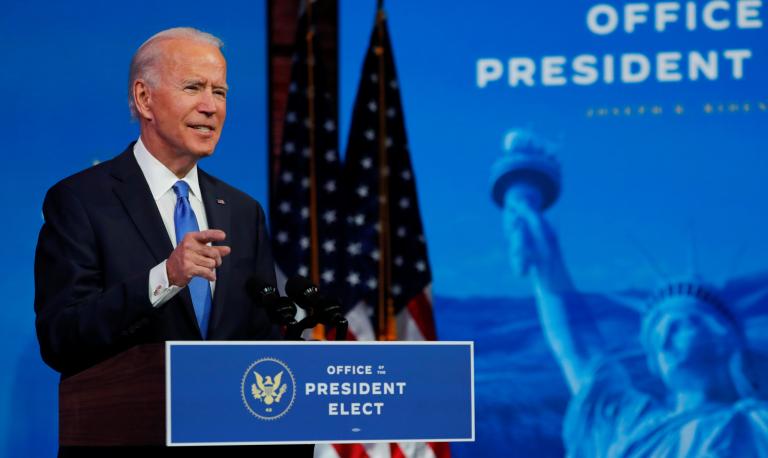 U.S. President-elect Joe Biden delivers a televised address to the nation in Wilmington