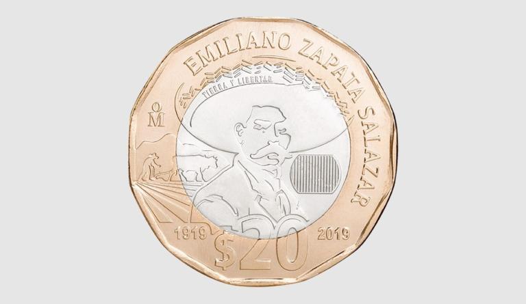 Moneda de 20 pesos, conmemorativa del centenario de la muerte del general Emiliano Zapata Salazar. Foto: Banxico.