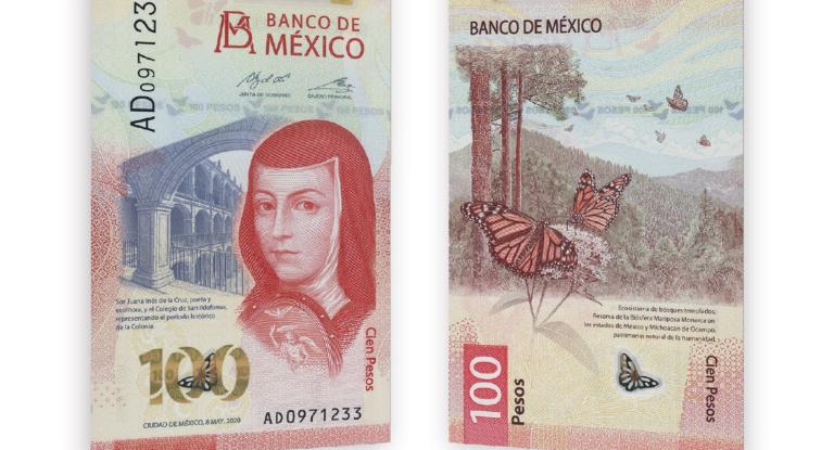 Billete vertical de 100 pesos que tiene en el anverso a la poeta y escritora mexicana del virreinato, Sor Juana Inés de la Cruz. Foto: Banxico