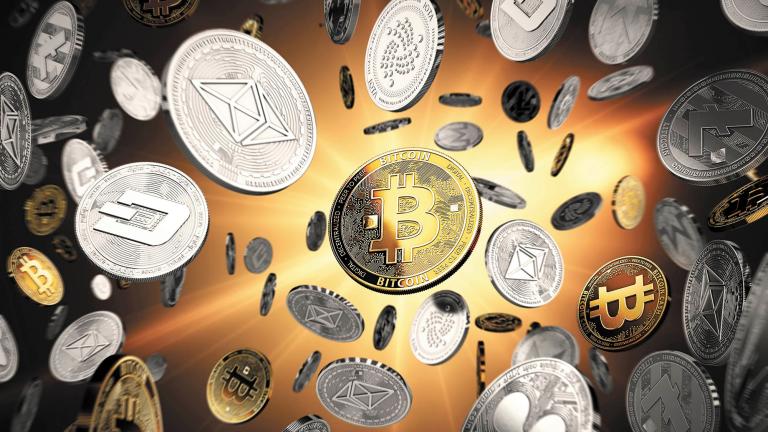 Flying altcoins with Bitcoin in the center as the leader. Bitcoin as most important cryptocurrency concept. 3D illustration