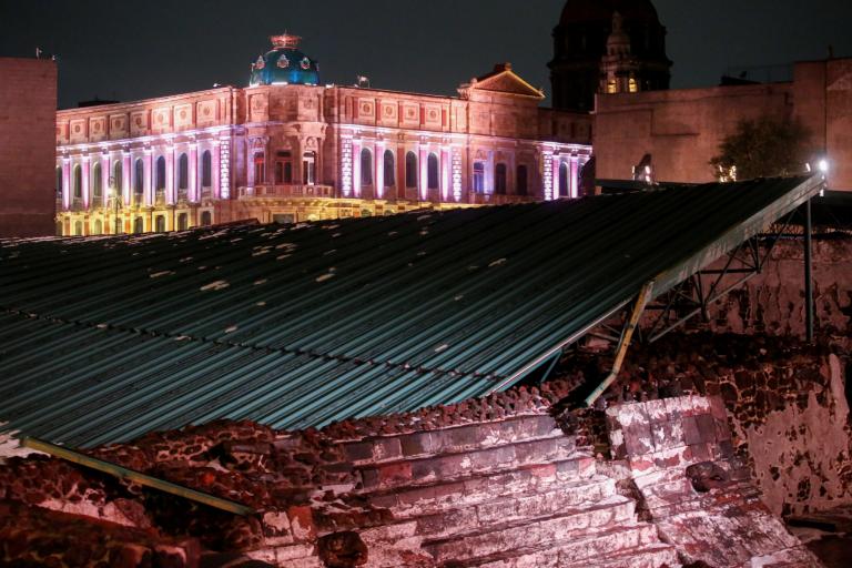 A view shows the collapsed roof that protect the "Casa de las Aguilas", part of the ruins of the Templo Mayor archaeological site, after heavy rain and hail, in Mexico City