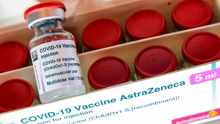 A vial with the AstraZeneca's coronavirus disease (COVID-19) vaccine is pictured in Berlin, Germany, March 16, 2021. REUTERS/Hannibal Hanschke