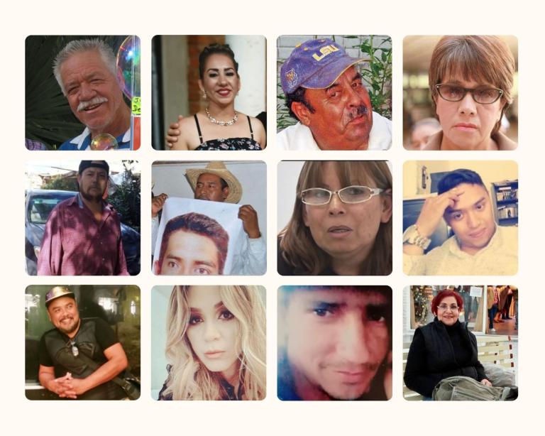 12 hombres y mujeres  mexicanos que, al dedicarse a buscar a un familiar desaparecido o pedir justicia, fueron asesinados: Nepomuceno Moreno, Zenaida Pulido, Leopoldo Valenzuela, Sandra Luz Hernández, Nicanor Araiza, Bernardo Carreto, Marisela Escobedo, Javier Barajas, José de Jesús Jiménez, Aranza Ramos, Pablo Miramontes y Miriam Rodríguez. Collage de fotos: lucylu_fanels