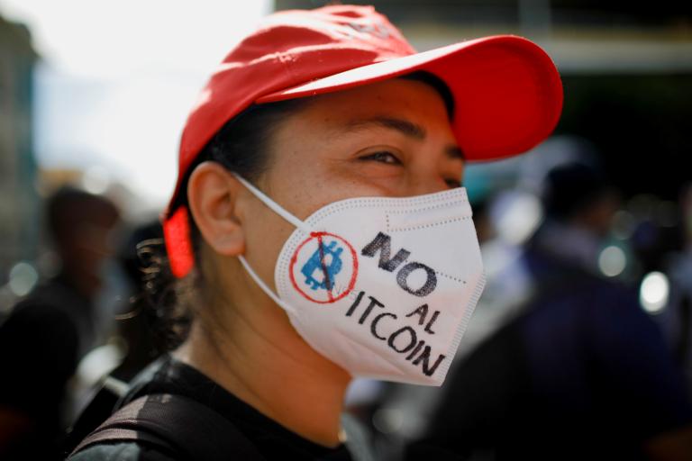 Protest against the use of Bitcoin as legal tender, in San Salvador