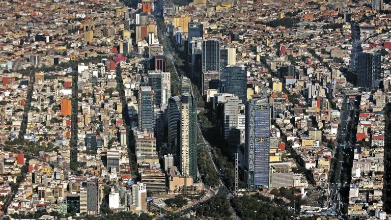 Aerial view of Mexico City. An aerial view of Paseo de la Reforma and  skyscraperes  in Mexico City.