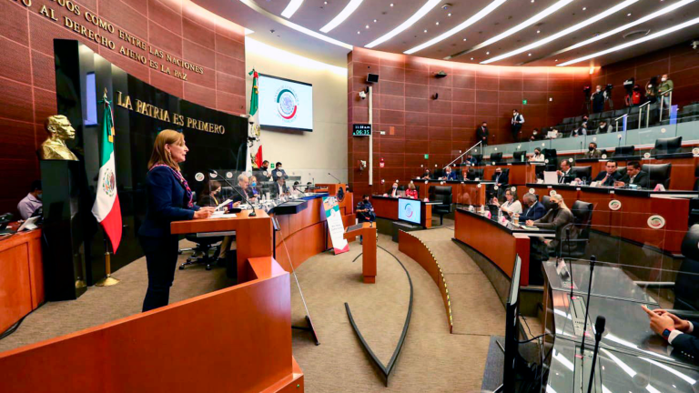 La secretaría de Economía, Tatiana Clouthier, compareció este miércoles ante el Pleno del Senado de la República. Foto EE: Cortesía / Twitter @tatclouthier