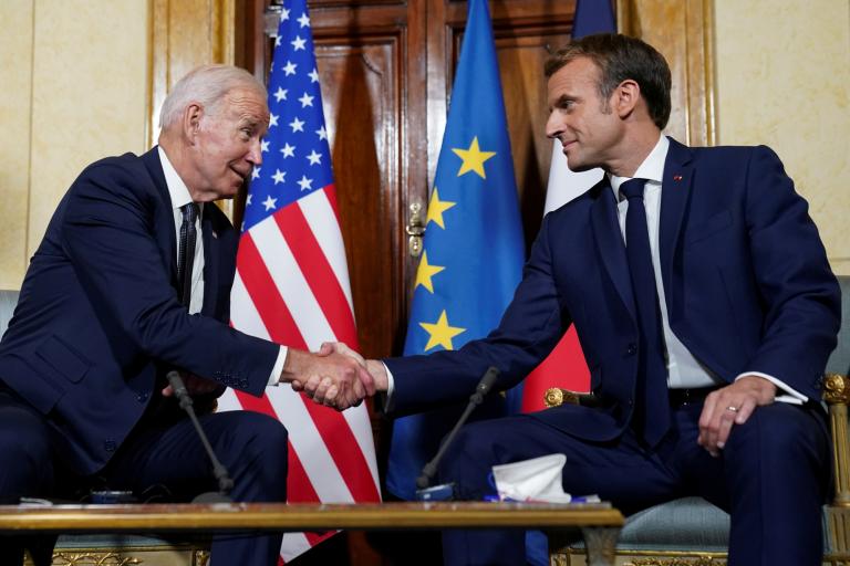 U.S. President Joe Biden meets with French President Emmanuel Macron ahead of the G20 summit in Rome