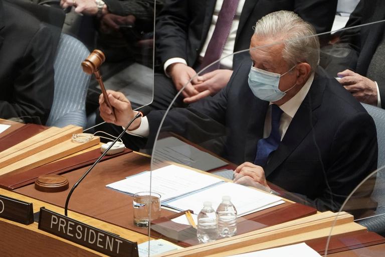 El presidente Andrés Manuel López Obrador durante su discurso en el Consejo de Seguridad de la ONU.