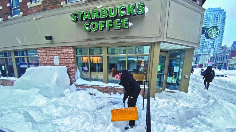 School teacher Anna Wilson searches for her phone in snow in Toronto