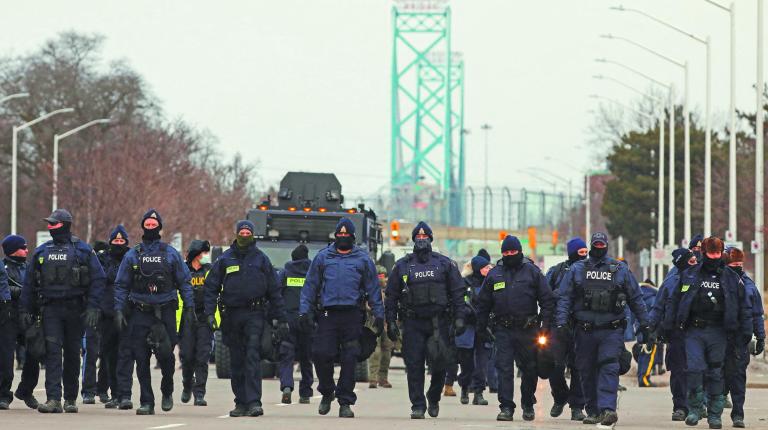 Truckers protest against COVID-19 vaccine mandates, in Windsor