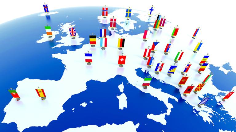 European,Countries,3d,Illustration,-,European,Continent,Marked,With,Flags