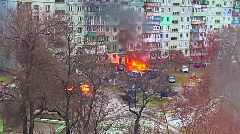 Fire is seen in Mariupol