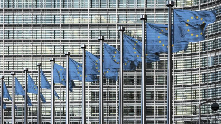 Row of EU Flags in front of the European Union Commission building in Brussels