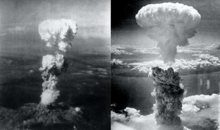 Imágenes aéreas de la explosión de dos bombas atómicas sobre las ciudades japonesas de Hiroshima y Nagasaki lanzadas por Estados Unidos el 6 y el 9 de agosto de 1945 respectivamente. Wikimedia Commons