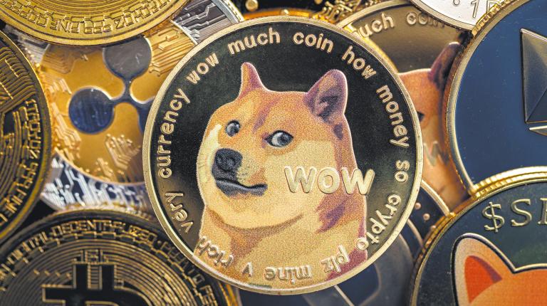 Kaufbeuren,,Germany,-,December,04,,2021.,Dogecoin,Physical,Coin,Laying