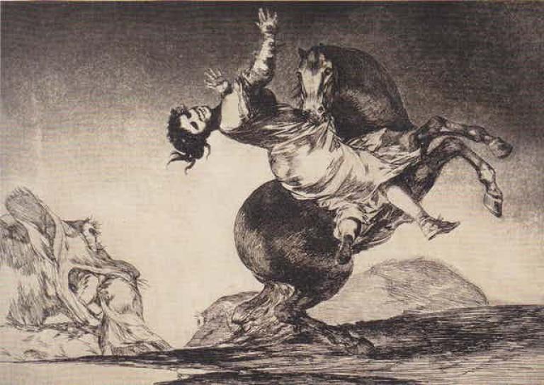 Uno de los ‘Disparates’ de Goya (‘La mujer y el potro, que los dome otro’), mencionado en ‘Mono y esencia’. 