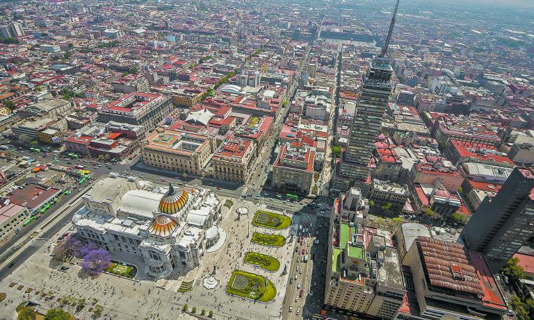 Aerial,View,Of,Mexico,City,Center,Over,Palace,Of,Beautiful