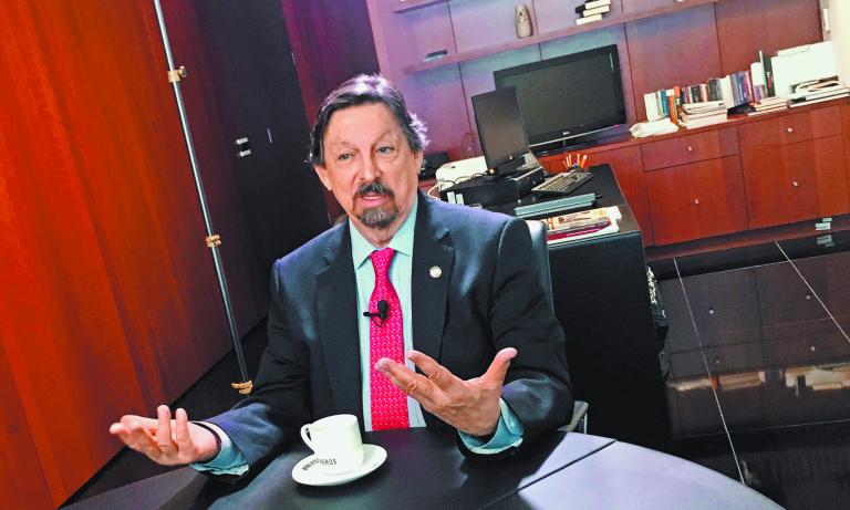 Head of miners union and Senator Napoleon Gomez Urrutia speaks during an interview with Reuters at his office in Mexico City