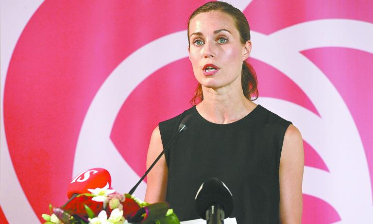 Finnish Prime Minister Sanna Marin gives a speech during a meeting of Social Democratic Party in Lahti