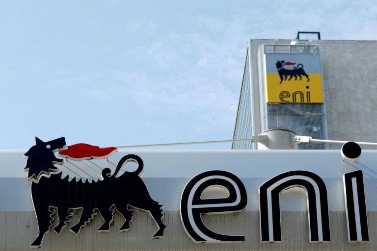 FILE PHOTO: The logo of Italian energy company Eni is seen at a gas station in Rome, Italy