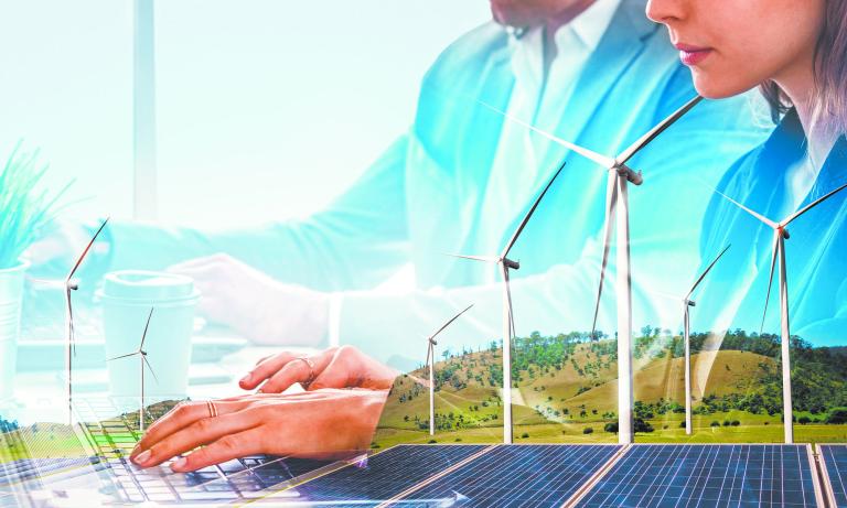 Double exposure graphic of business people working over wind turbine farm and green renewable energy worker interface. Concept of sustainability development by alternative energy.