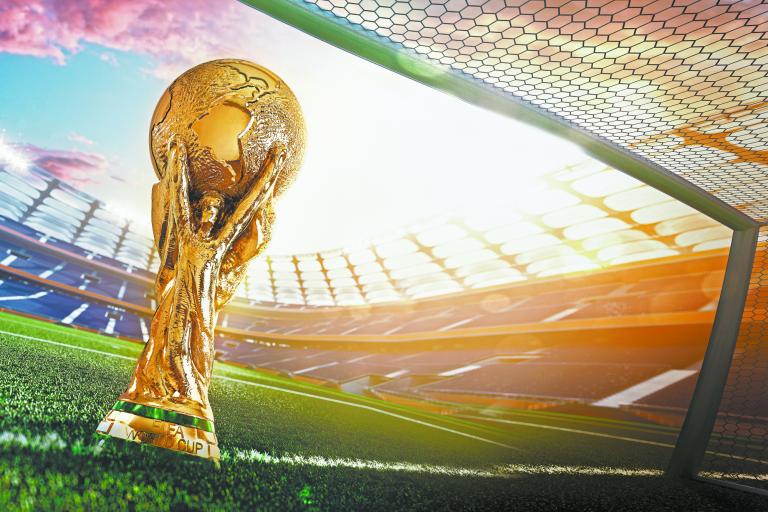 Karachi, Pakistan. 17 august. Fifa world cup 2022 celebration winning trophy with Qatar cup stylish background gradient. 3d rendering illustration.