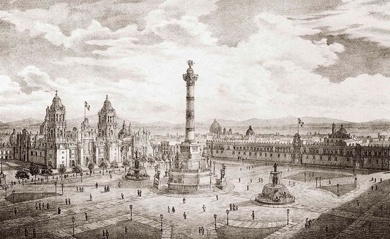 Columna coronada, no por un águila, sino por una figura alada, que Antonio López de Santa Anna pretendía construir en lo que entonces se denominaba Plaza Mayor. Enrique Griffón, 1843. foto eE: Especial