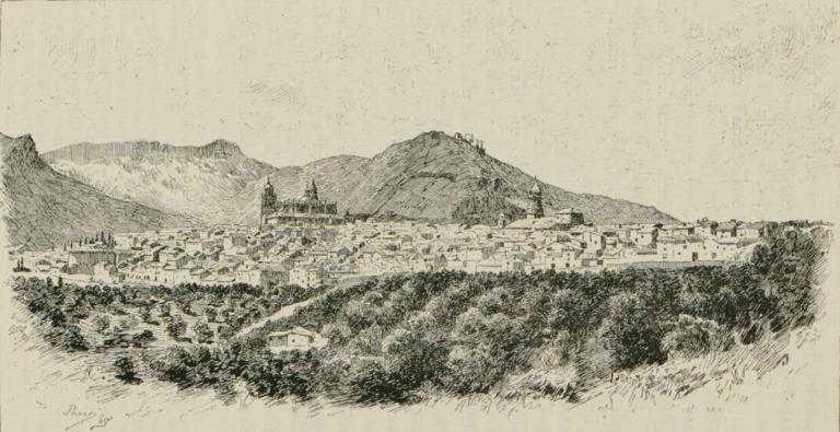 Grabado de Josep Pascó de ‘La ciudad de Jaén y cercanías’, del libro ‘España, sus monumentos y sus artes, su naturaleza e historia. Granada, Jaén, Málaga y Almería’, de Francisco Pi y Margall (1885). Foto:  Biblioteca Virtual de Andalucía / Wikimedia Commons