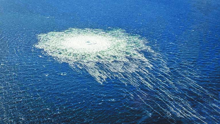 FILE PHOTO: Gas bubbles from the Nord Stream 2 leak reaching surface of the Baltic sea in the area shows disturbance of well over one kilometre  diameter near Bornholm