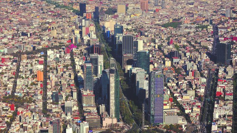 Aerial view of Mexico City. An aerial view of Paseo de la Reforma and  skyscraperes  in Mexico City.