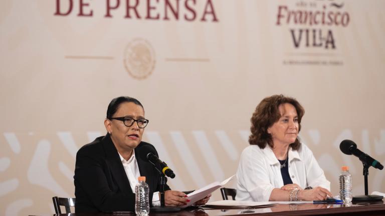 Rosa Icela Rodríguez Velázquez, secretaria de Seguridad y Protección Ciudadana y Sara Irene Herrerías Guerra, titular de la Fiscalía Especializada en materia de Derechos Humanos de la FGR. Foto EE: Cortesía Presidencia de México.