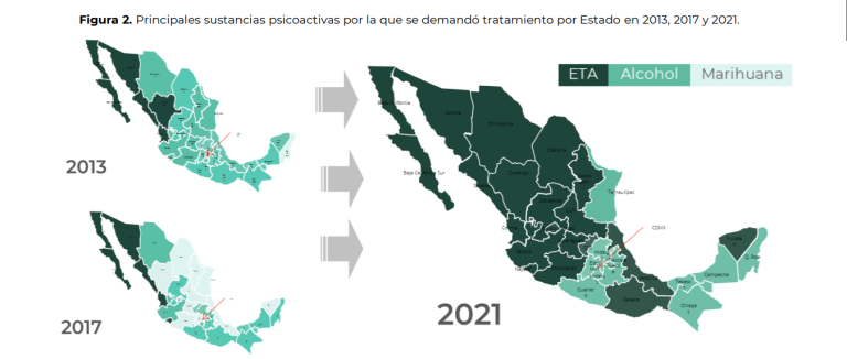 Principales sustancias psicoactivas por la que se demandó tratamiento por estado en los años 2013, 2017 y 2021. Fuente: Observatorio Mexicano de Salud Mental y Consumo de Drogas