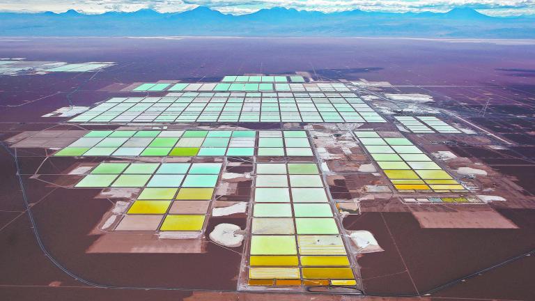 FILE PHOTO: An aerial view shows the brine pools and processing areas of the SQM lithium mine on the Atacama salt flat, in the Atacama desert of northern Chile