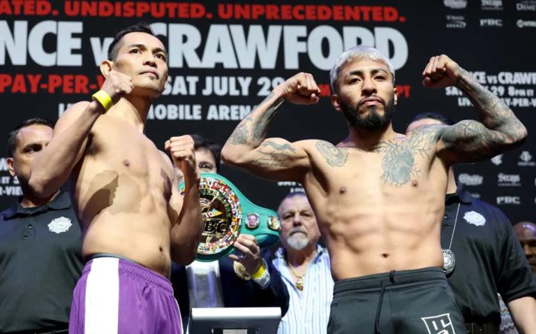 Nonito Donaire (izquierda) y Alexandro Santiago (derecha) durante el pesaje. Foto: AFP.