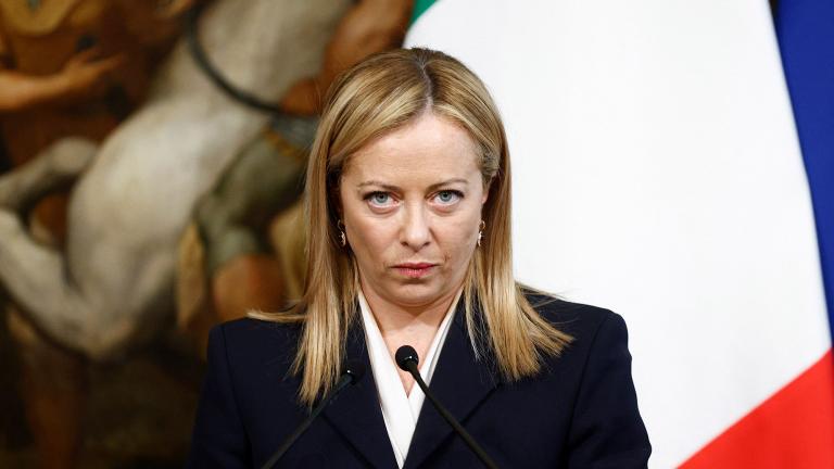 Italian Prime Minister Giorgia Meloni speaks next to NATO's secretary general following their meeting at Chigi Palace in Rome, Italy November 10, 2022. REUTERS/Guglielmo Mangiapane