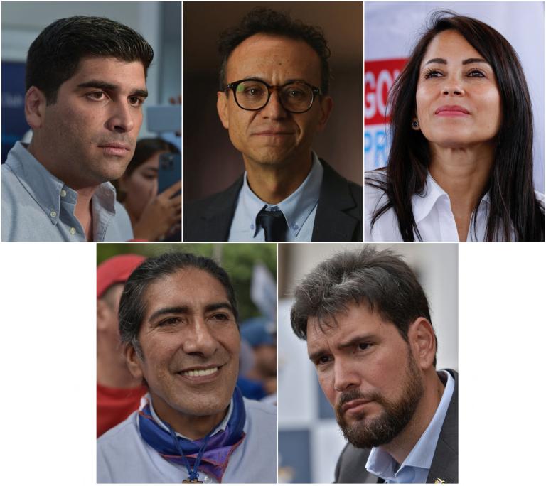 Candidatos presidenciales ecuatorianos: Otto Sonnenholzner, Christian Zurita, Luisa González, Yaku Pérez, y Jan Topic. Foto: Reuters