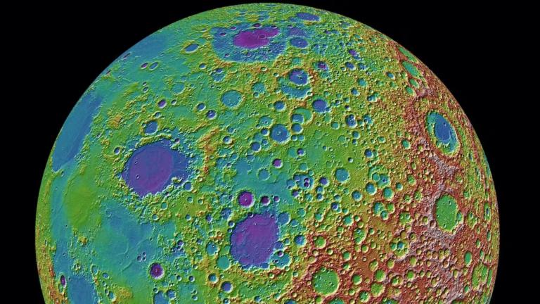 Mapa topográfico lunar a partir de más de 2,400 millones de fotografías tomadas por el Lunar Reconnaissance Orbiter de la NASA. Foto: Nasa