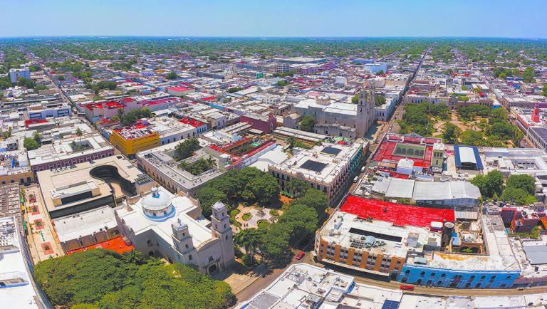 Panoramic aerial view of the colonial streets in the center of Merida