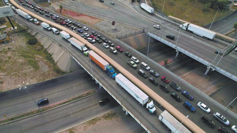 Trucks queue to cross into the U.S through the Cordova Bridge of the Americas, in Ciudad Juarez