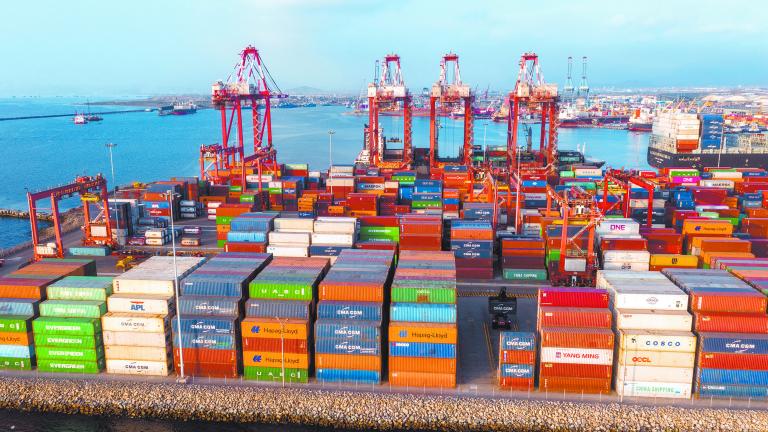 Callao, Lima / Peru - October 13 2019: View of dock and containers in the port of Callao