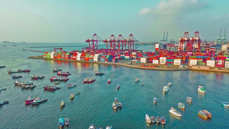 Callao, Lima / Peru - October 13 2019: View of dock and containers in the port of Callao