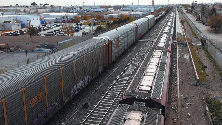 Stranded freight trains are seen at a railroad yard, in Ciudad Juarez