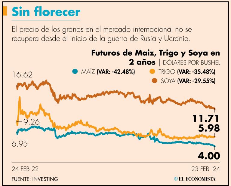 La mayor reducción la registran los futuros del maíz, que cedieron 42.48%, para llegar a los 4.00 dólares por bushel