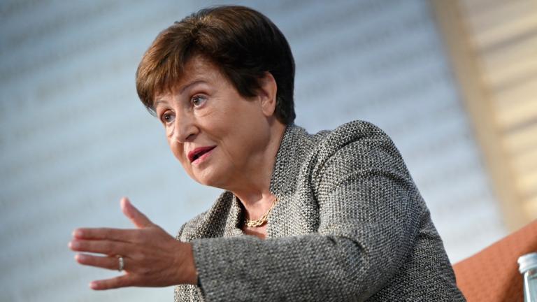 International Monetary Fund (IMF) Managing Director Kristalina Georgieva speaks during an interview with AFP at IMF Headquarters in Washington, DC, on January 10, 2024. - Artificial intelligence poses risks to job security around the world, but also offers a