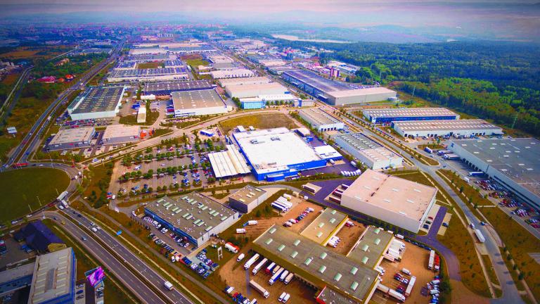 Aerial view to industrial zone and technology park on Karlov suburb of Pilsen city in Czech Republic, Europe. European industry from above.