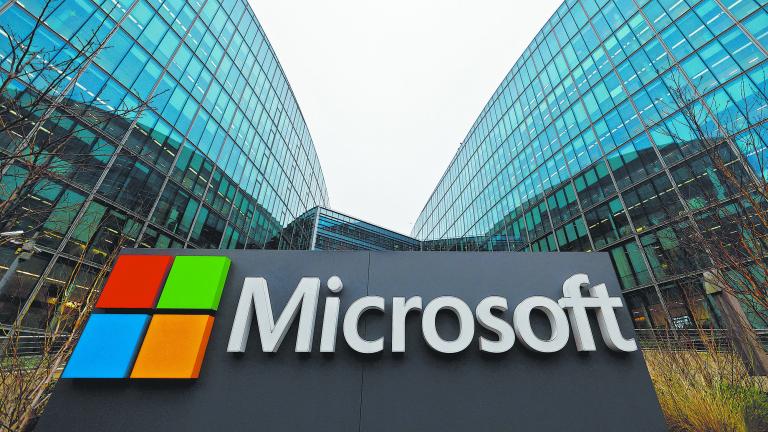 A Microsoft logo is seen in Issy-les-Moulineaux near Paris