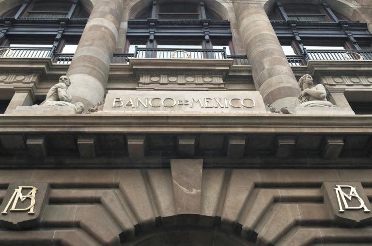 The Bank of Mexico logo is pictured on the facade of an office building in downtown Mexico City