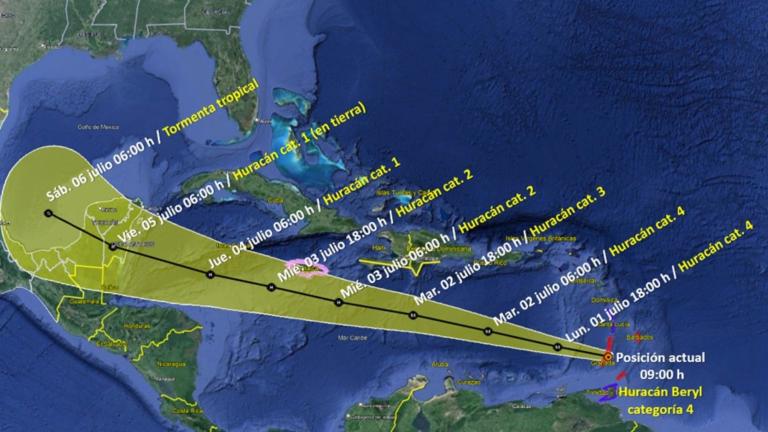 Pronóstico de trayectoria del huracán Beryl. Foto: Cortesía