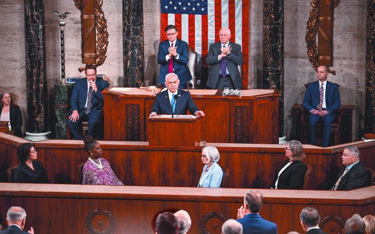 El primer ministro de Israel Benjamin Netanyahu durante su discurso en el Capitolio, ayer en Washington. Foto: Reuters